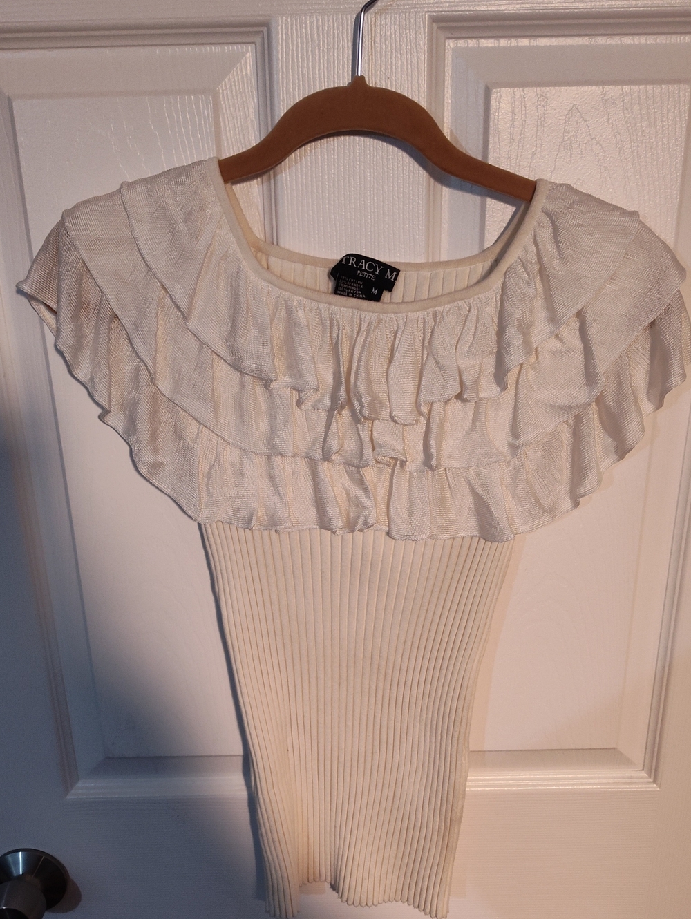 Tracy M Cream Ruffle Ribbed Tank